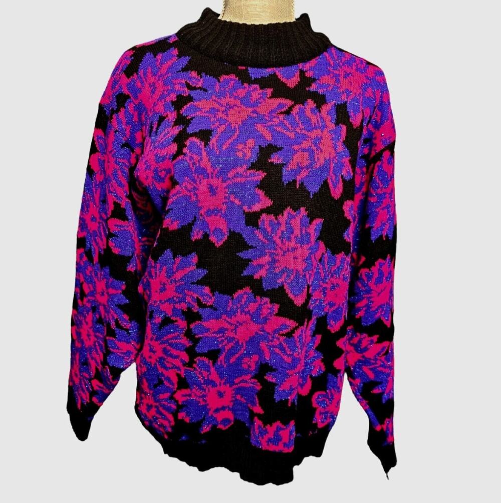 Vintage Spunky Sweater Womens Sz S 80s Pink Black Purple Indie Retro High Neck